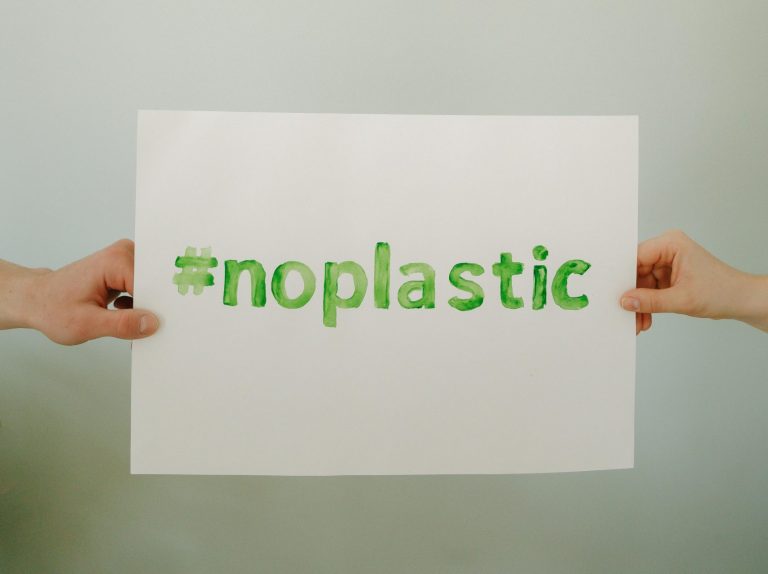 Hands holding a white poster with '#noplastic' message advocating for environmental awareness.